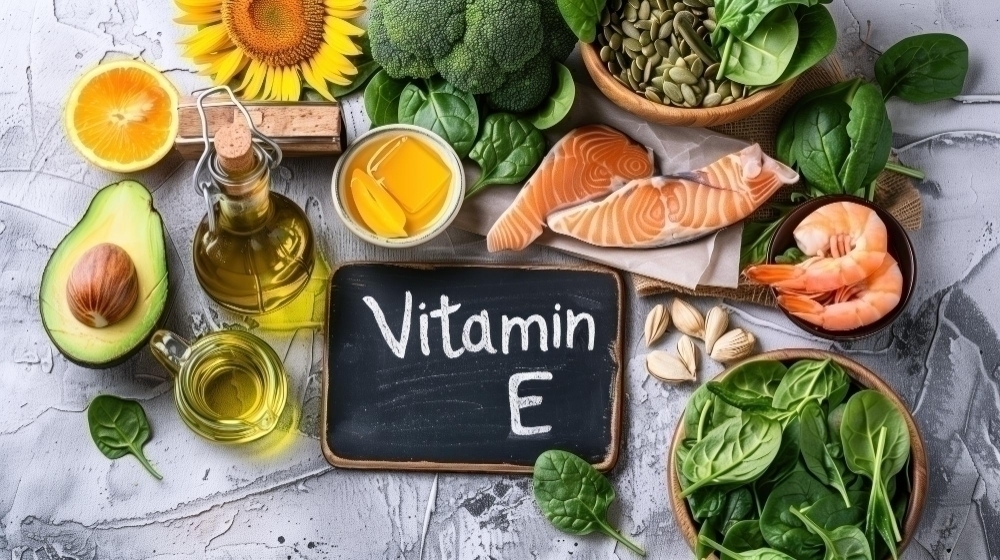 Assorted Foods Rich in Vitamin E Chalkboard Sign on Rustic Background