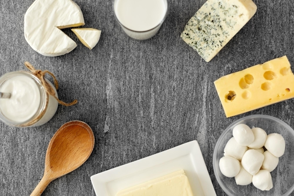 Different kinds of cheese milk yogurt and butter