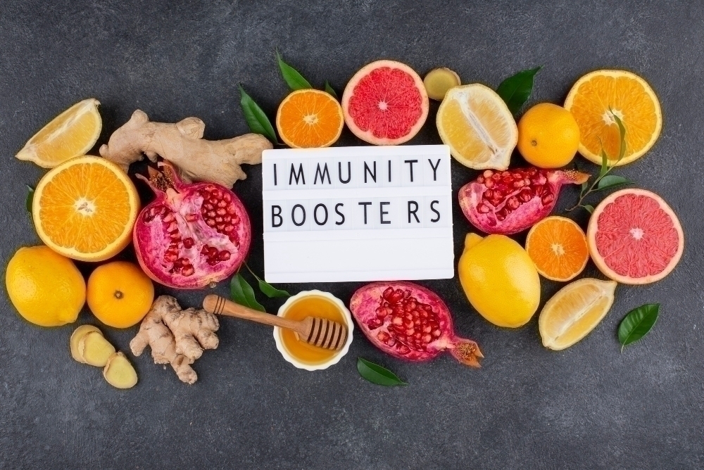 Flat lay of immunity boosting foods with citrus and ginger 2