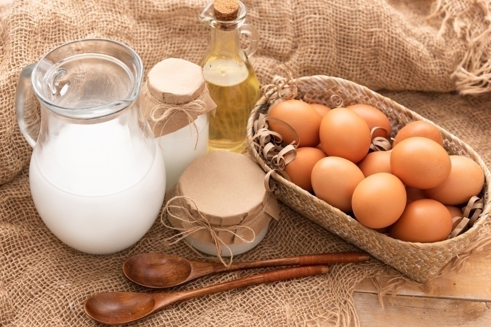 Homemade fresh dairy products and chicken eggs.