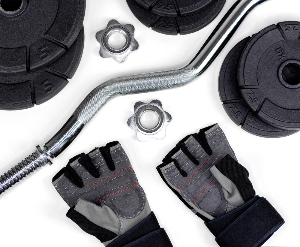 Metal barbell EZ bar weights and gloves