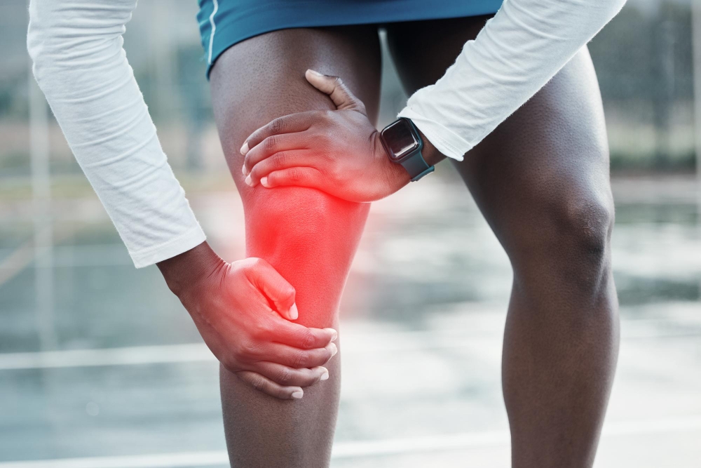 Person hands and knee injury in sports accident training or muscle inflammation from outdoor workout Closeup of athlete with leg pain joint ache or arthritis after running exercise or cardio