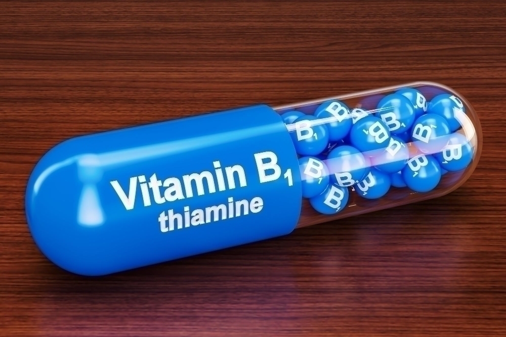 Vitamin capsule B1 on the wooden table 3D rendering