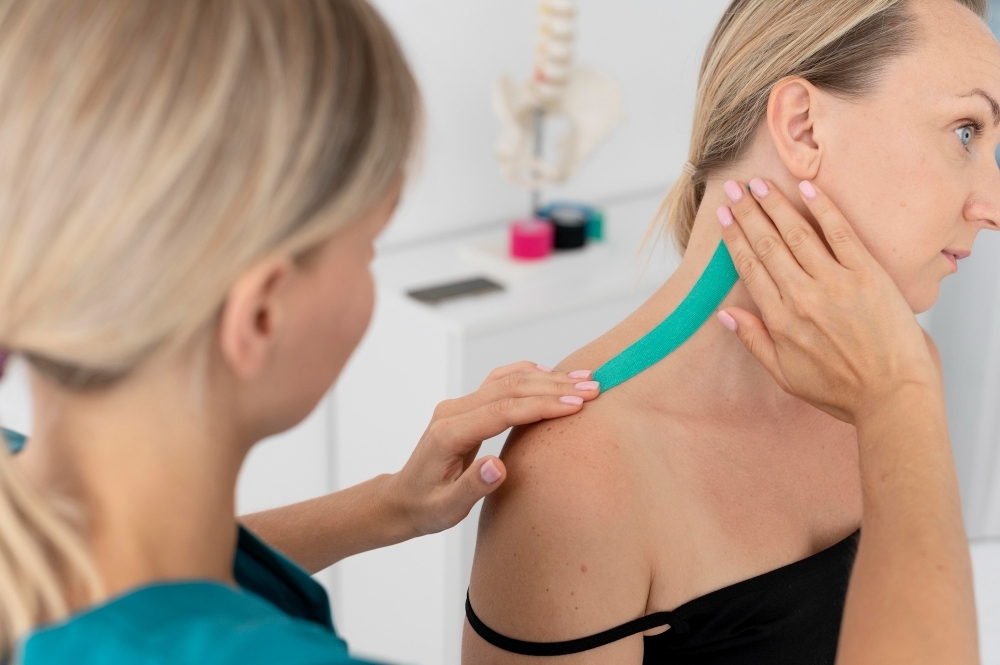physiotherapist helping patient her clinic