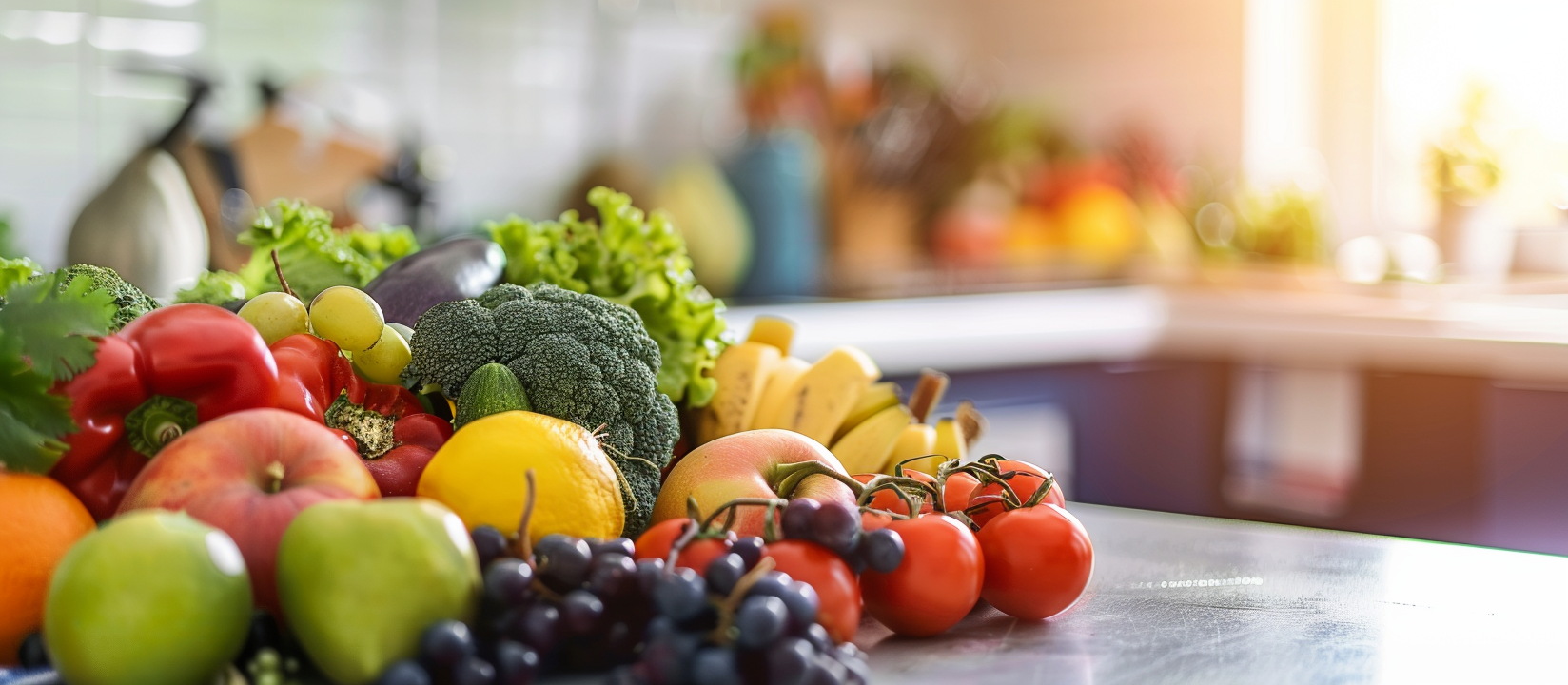 pile of fiber rich fruit and vegetables on kitchen table