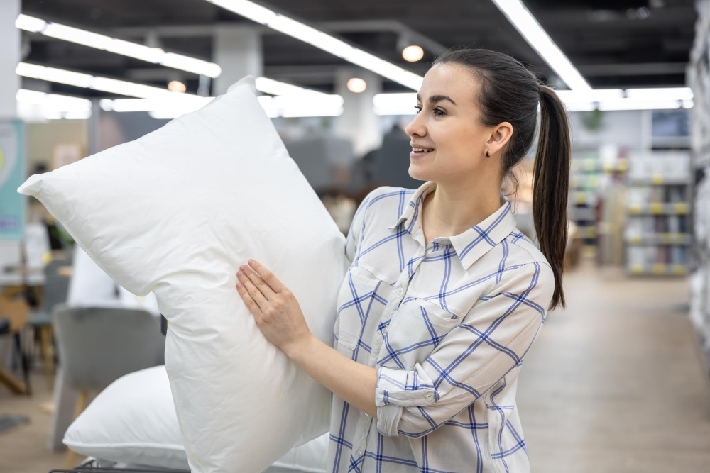 young woman chooses pillow home improvement store