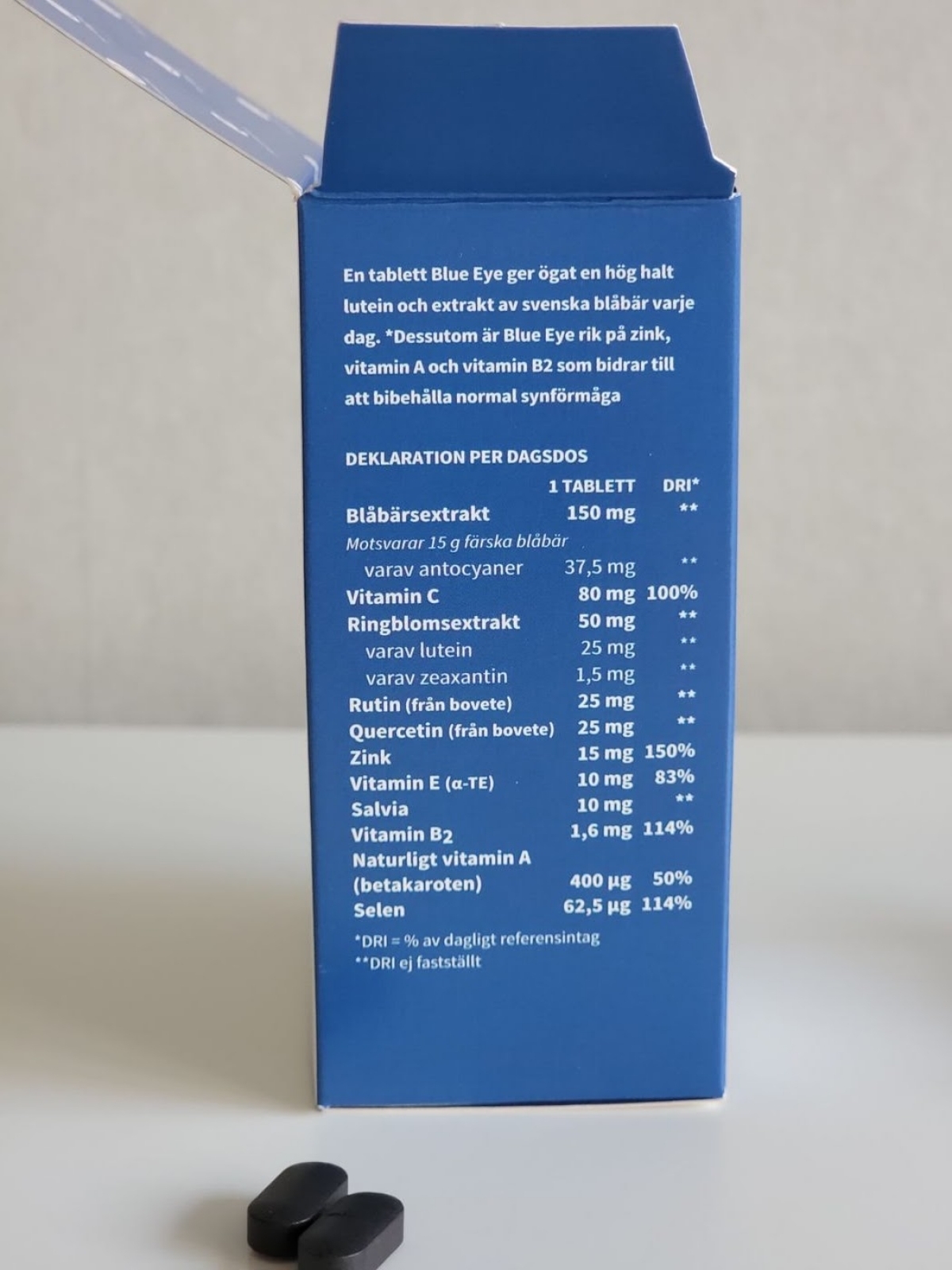 Dagsdos och halter på sidan av asken med 25 mg lutein, tagen under vårt test