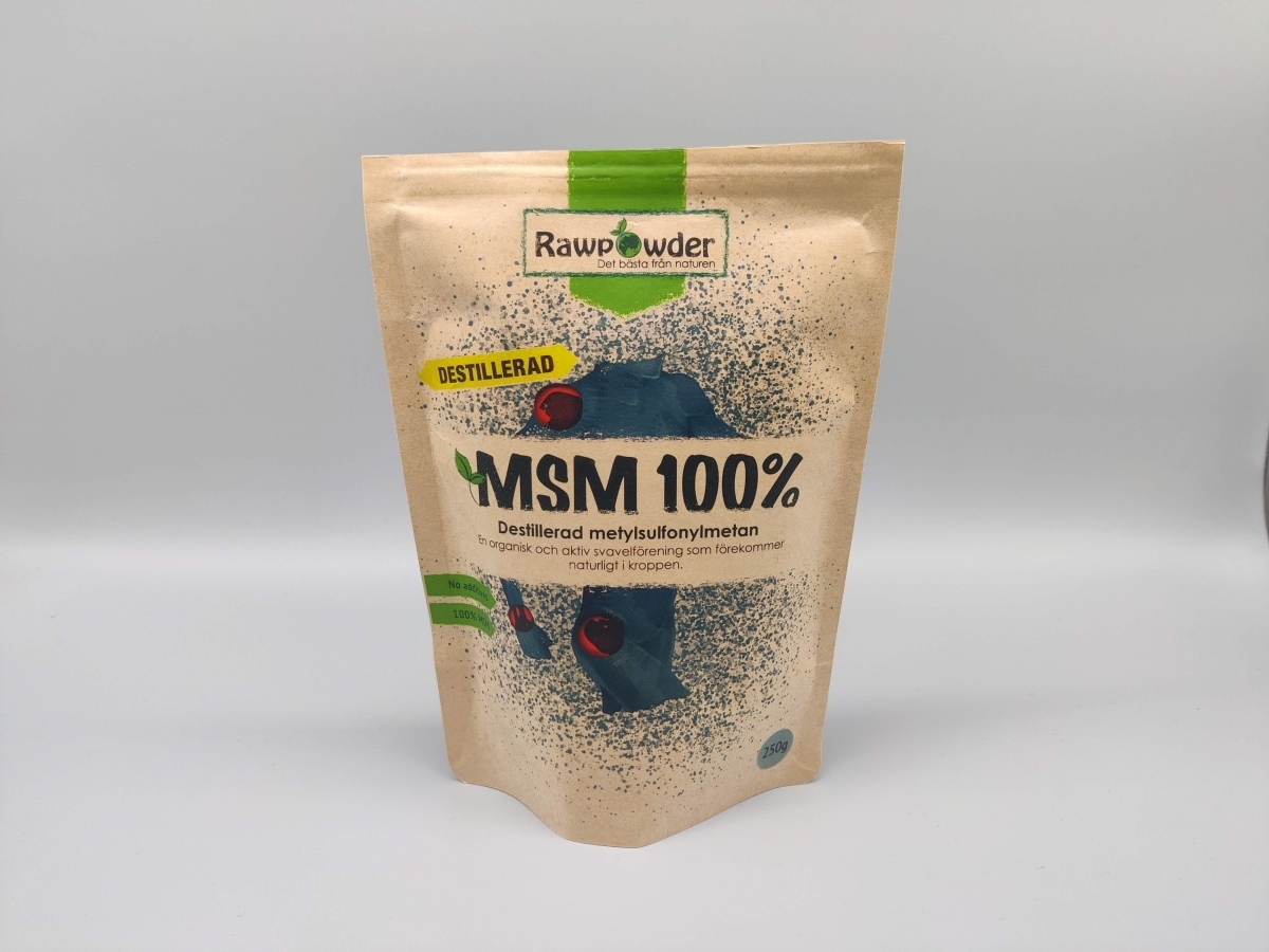 Rawpowder MSM 100% destillerad på neutral bakgrund, fotad av oss