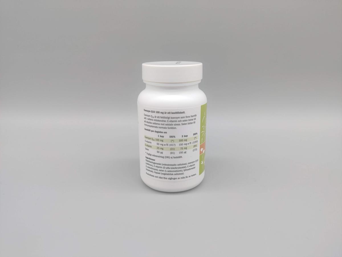 Innehållsetikett med Q10 samt vitamin C, E och selen