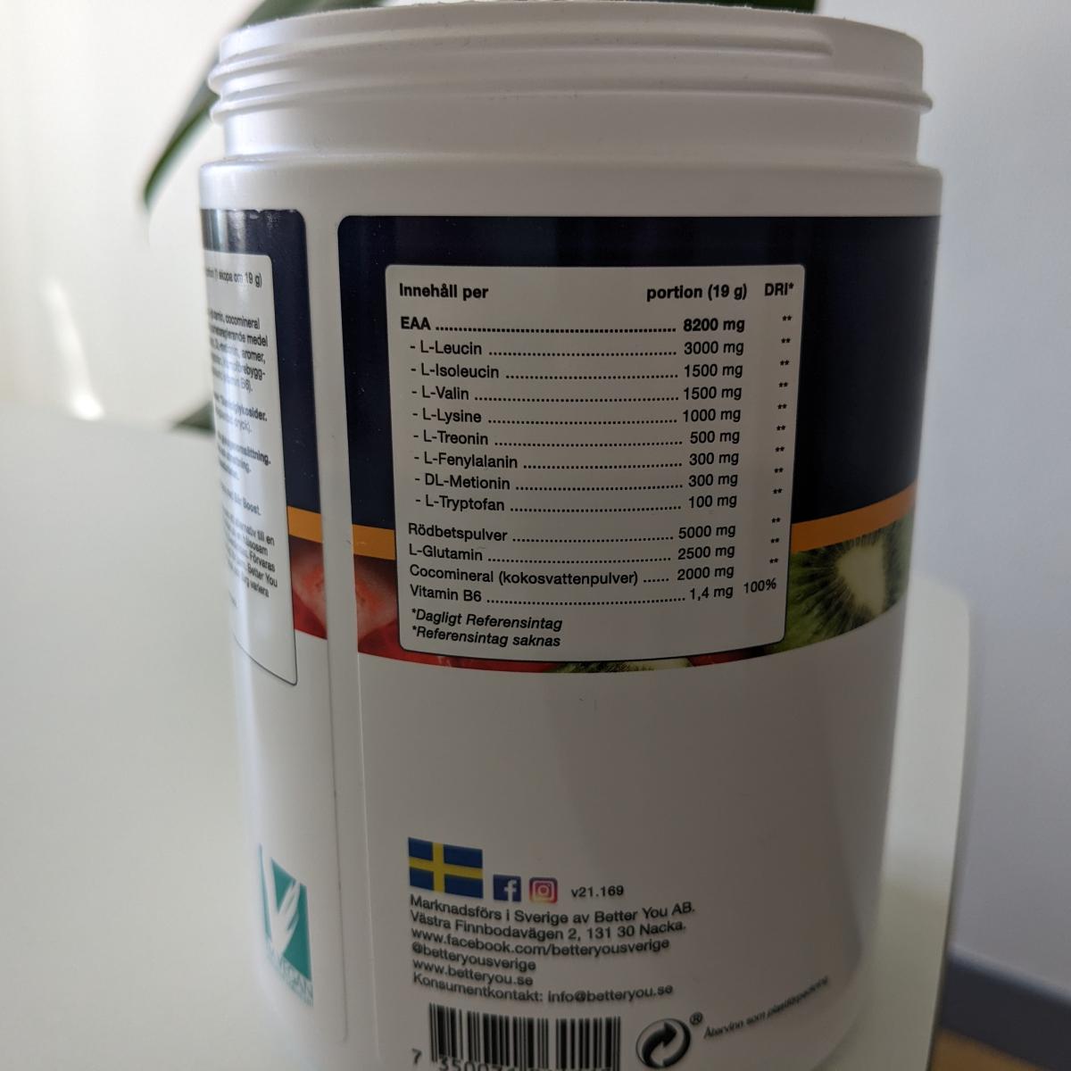 Innehållsdeklaration på Better You Premium EAA med 8200 mg leucin per portion