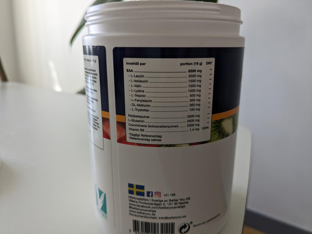 Innehållsdeklaration på Better You Premium EAA med 8200 mg leucin per portion