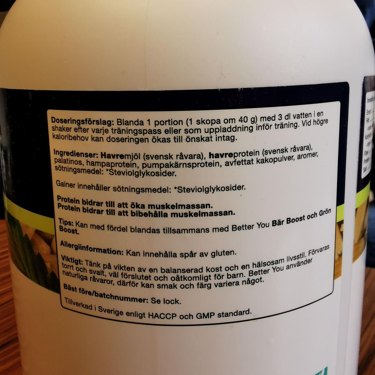 Ingredienslista och dosering på Better You Vegetarisk Gainer egen bild