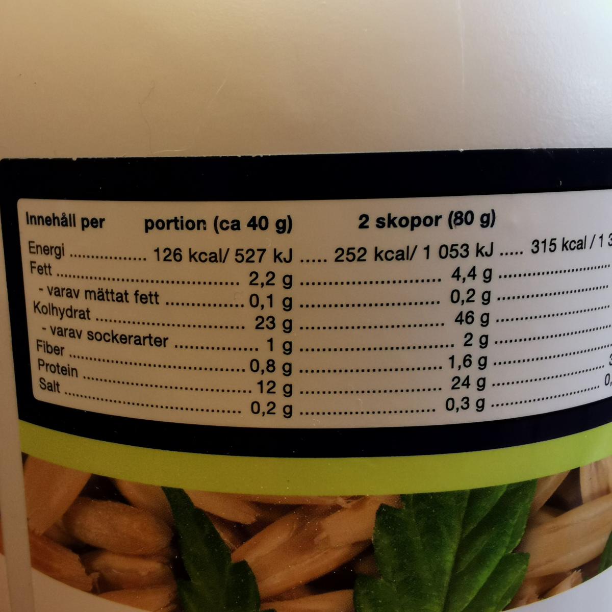 Näringstabell på Better You Vegetarisk Gainer fotograferad av oss