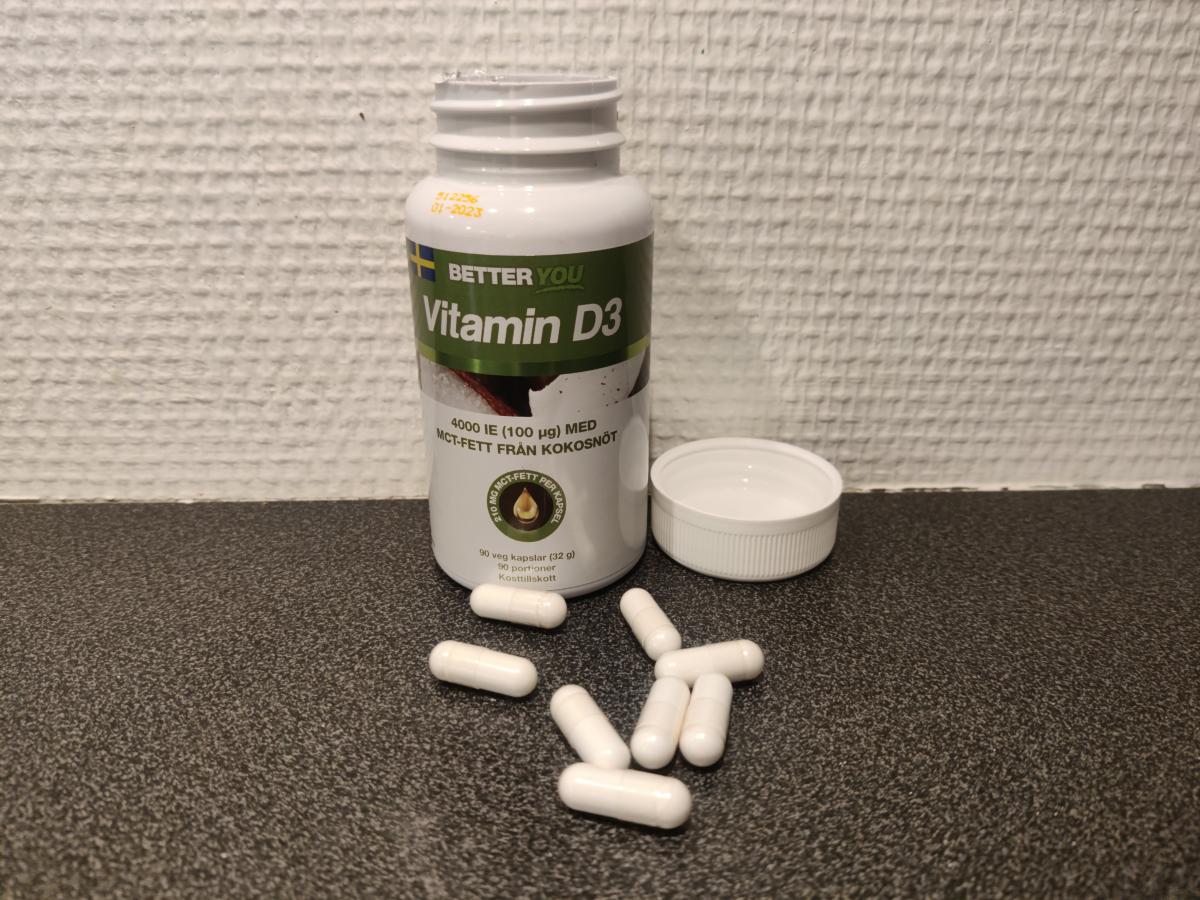 Better You Vitamin D3 4000 IE med MCT, kapslar på bänkskiva, egen bild