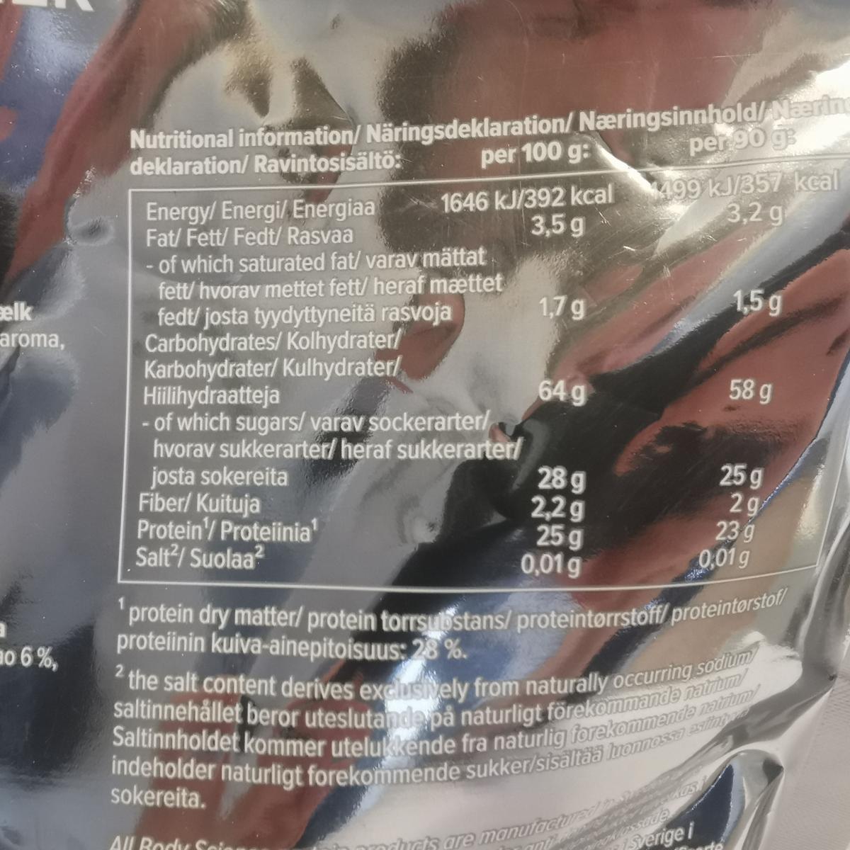 Näringsdeklaration per 100 g och per 90 g på Body Science Gainer vårt foto