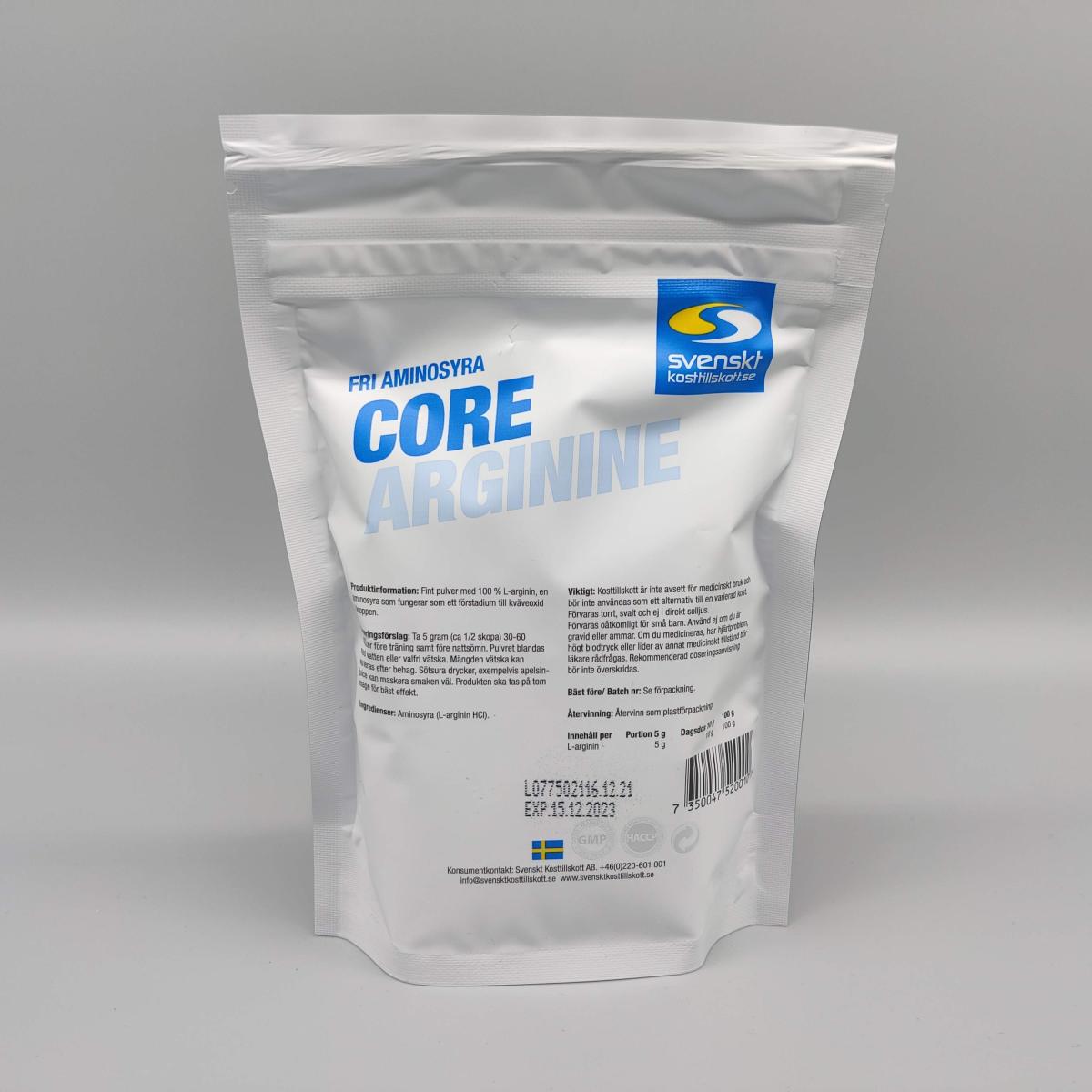 Core Arginine baksida med tydlig innehålls- och doseringsmärkning