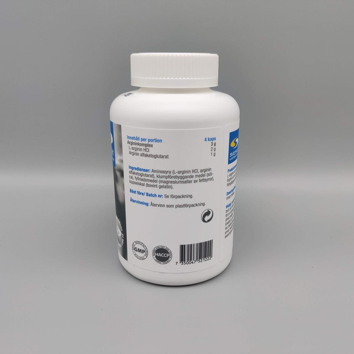 Närbild av innehållsetikett och dosering på Core Arginine Complex