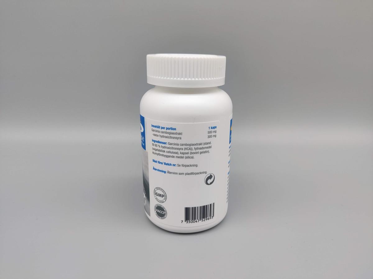 Baksida med innehåll 500 mg extrakt per kapsel varav 60% HCA, egen produktbild