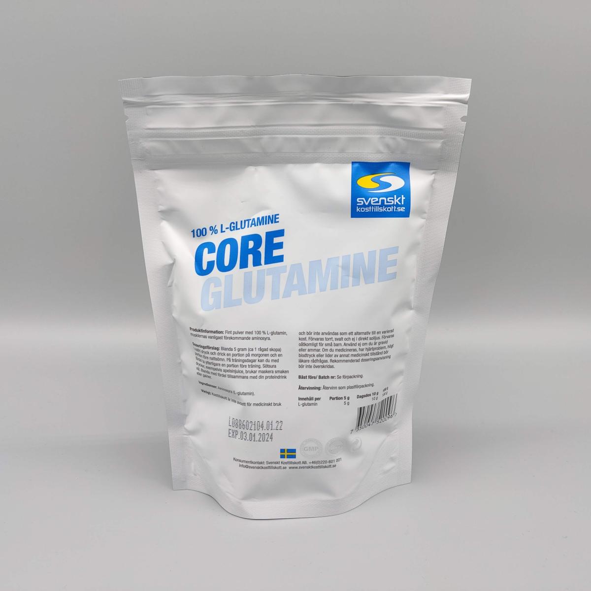 Core Glutamine baksida med tydlig innehållsinfo och batch, fotad i vår studio
