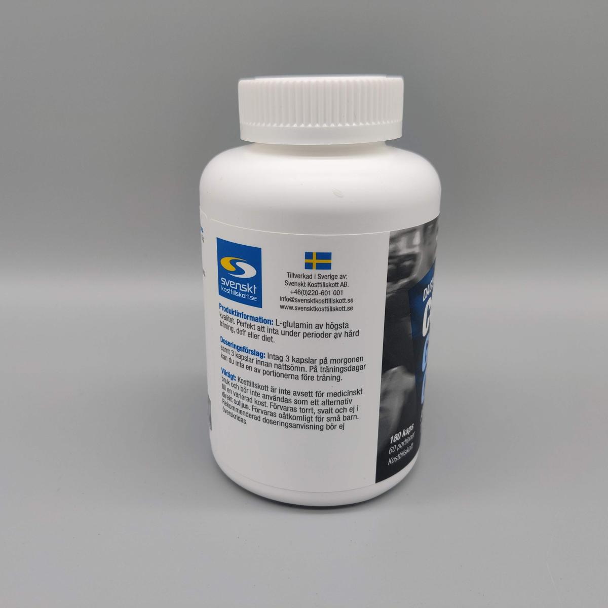 Core Glutamine Caps etikett med doseringsråd och svensk tillverkning