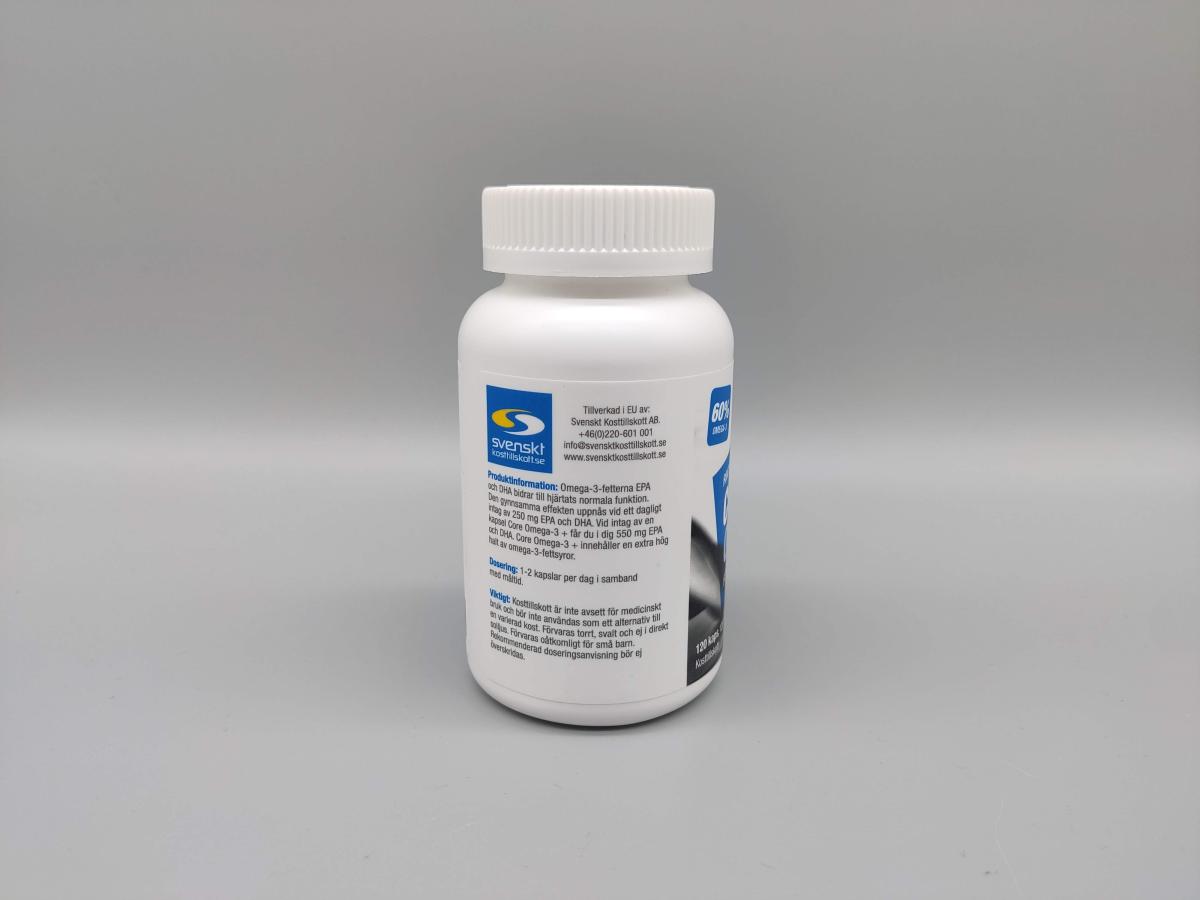 Core Omega-3+ med tydliga användarinstruktioner på etiketten, egen bild