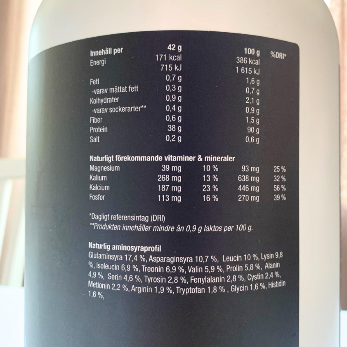 Näringsinnehåll på baksidan av Core Protein Pro, foto av oss