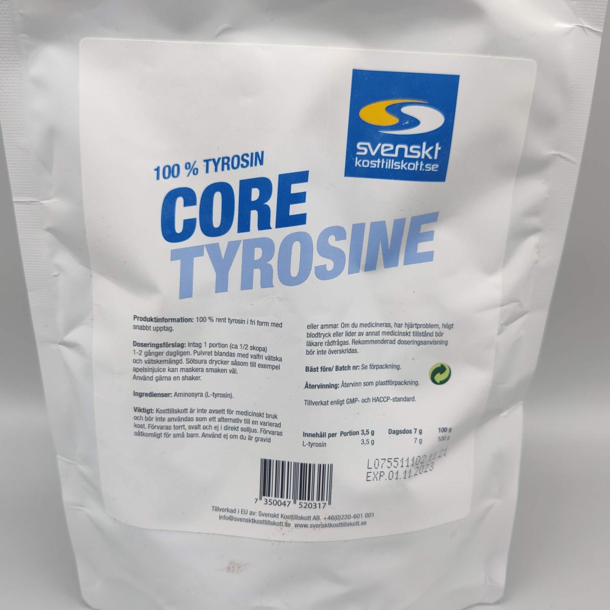 Core Tyrosine baksida med innehåll och dosering, egen bild