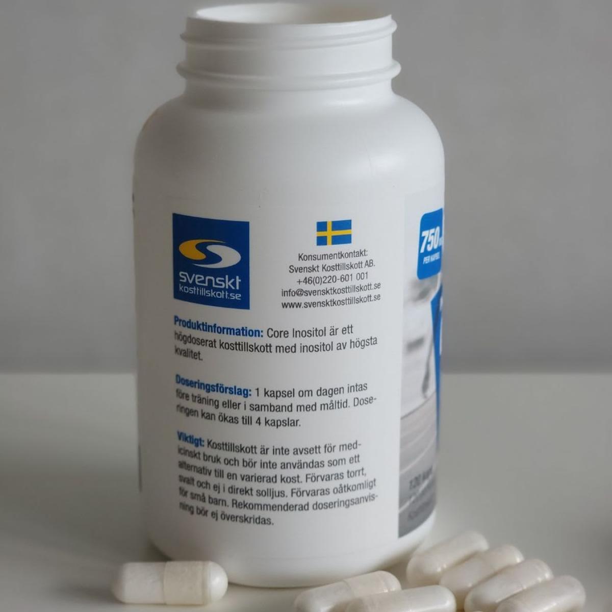 Diet Inositol doseringsrekommendation och kontaktinfo på etiketten
