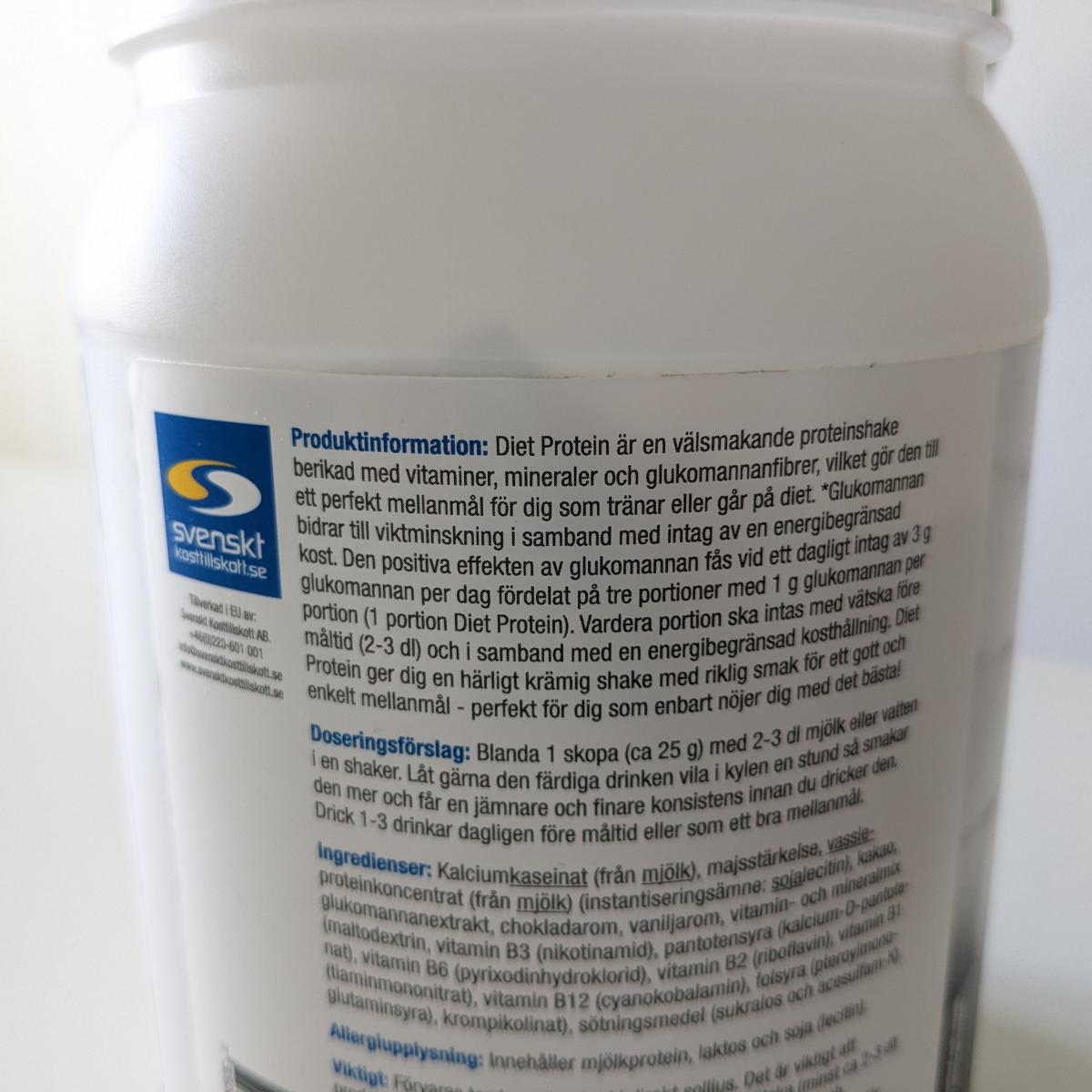 Diet Protein etikett med produktinformation och dosering, egen testbild