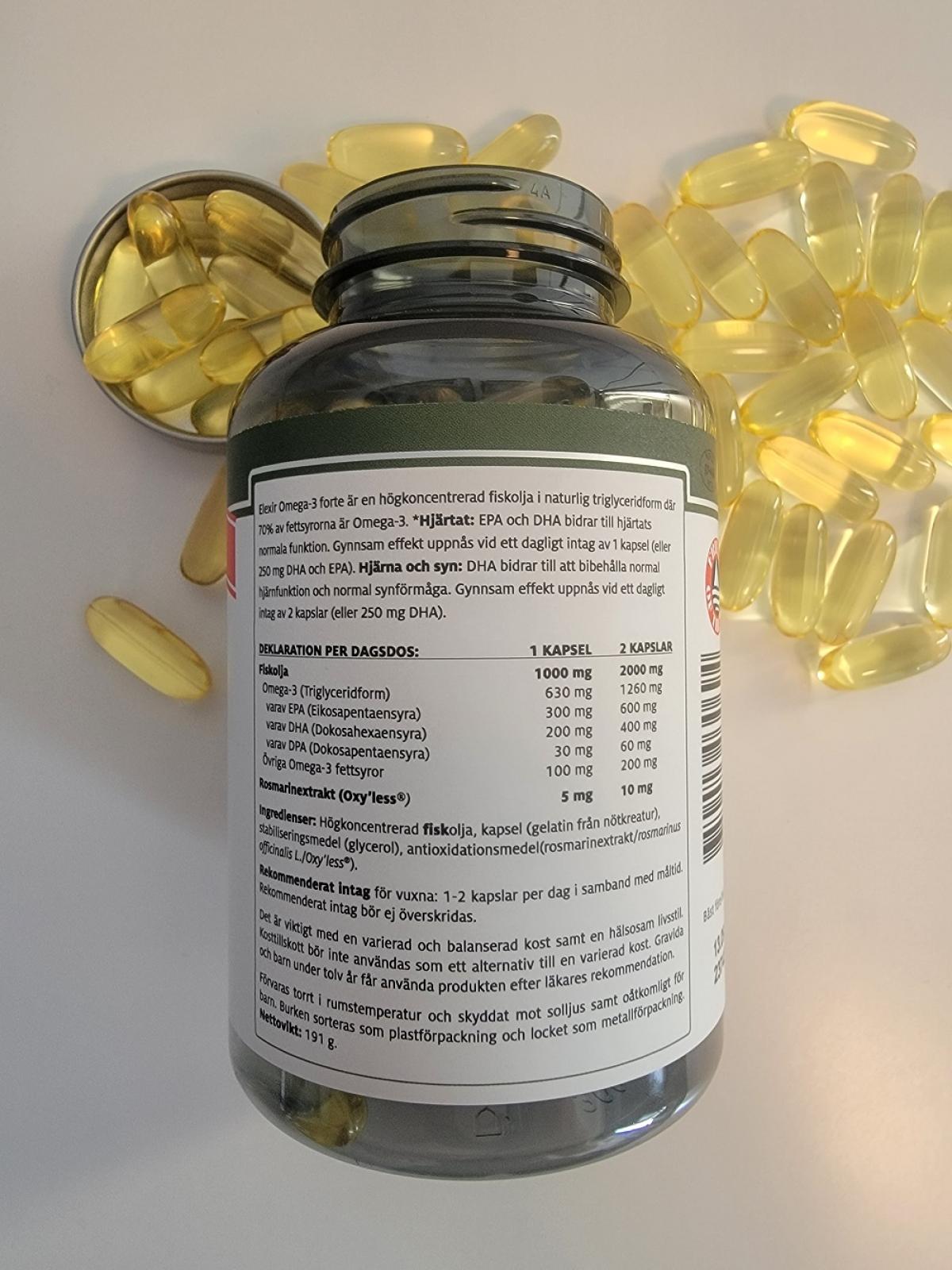Detalj av etiketten på Elexir Omega-3 Forte, egen testbild