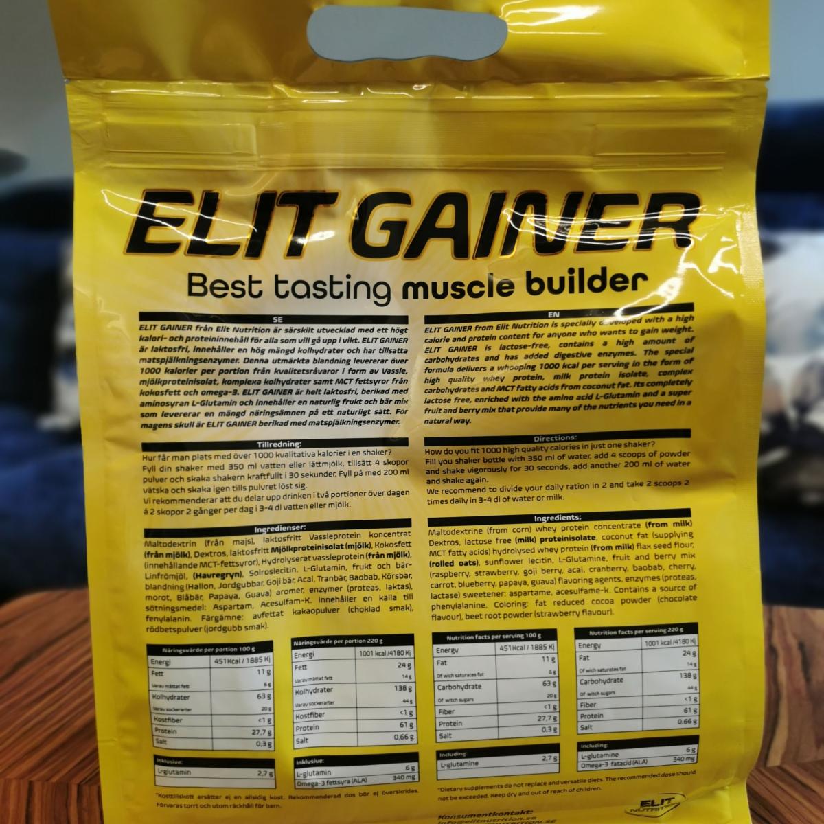 Baksida med tydlig innehållsdeklaration och näringsvärden på Elit Nutrition Lactose Free Gainer