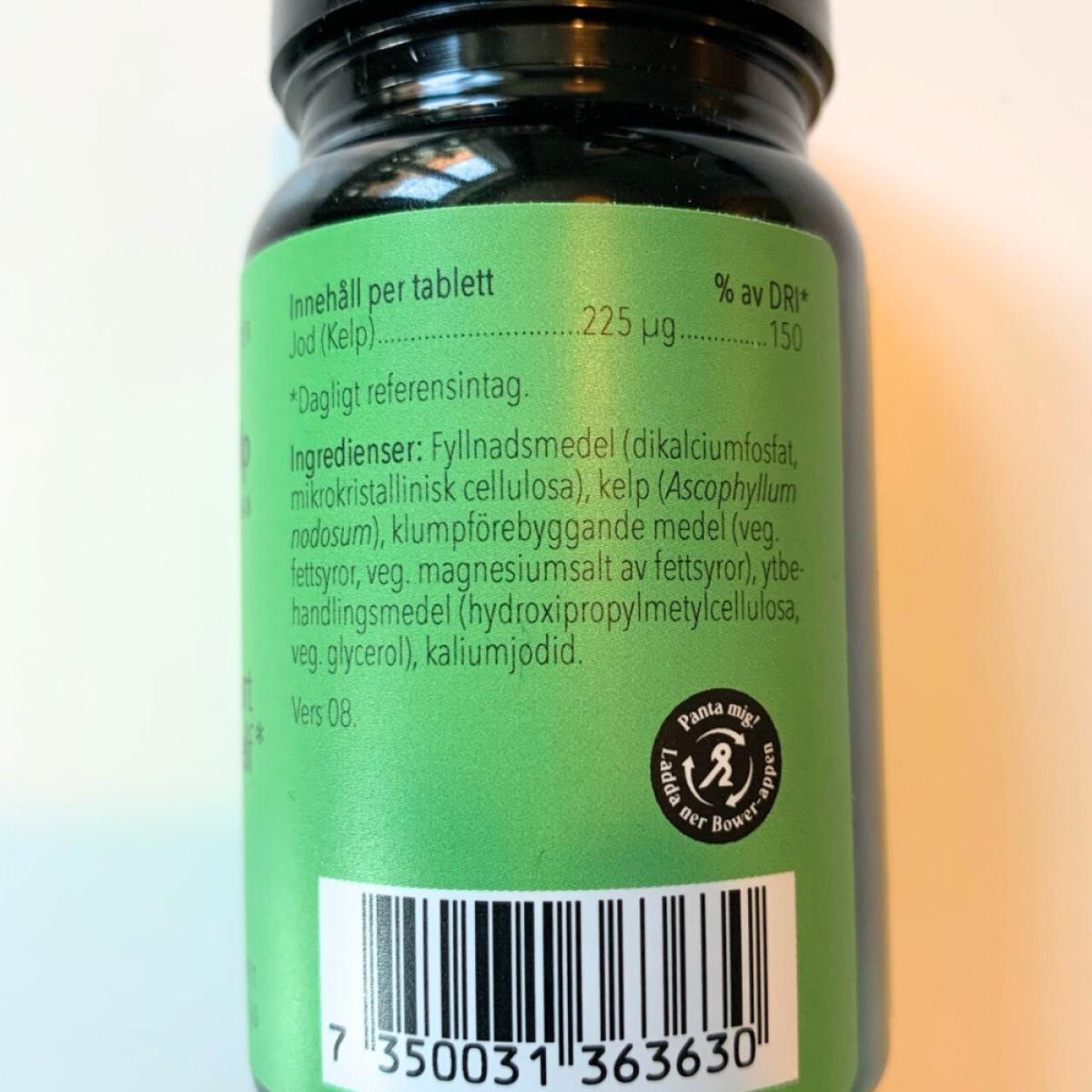 Baksidan på Great Earth Kelp med tydlig innehållsdeklaration och 225 µg jod per tablett