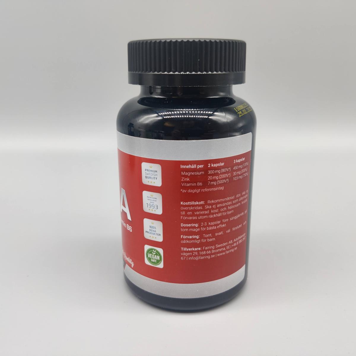 Fairing ZMA baksida med tydlig innehålls- och doseringsetikett