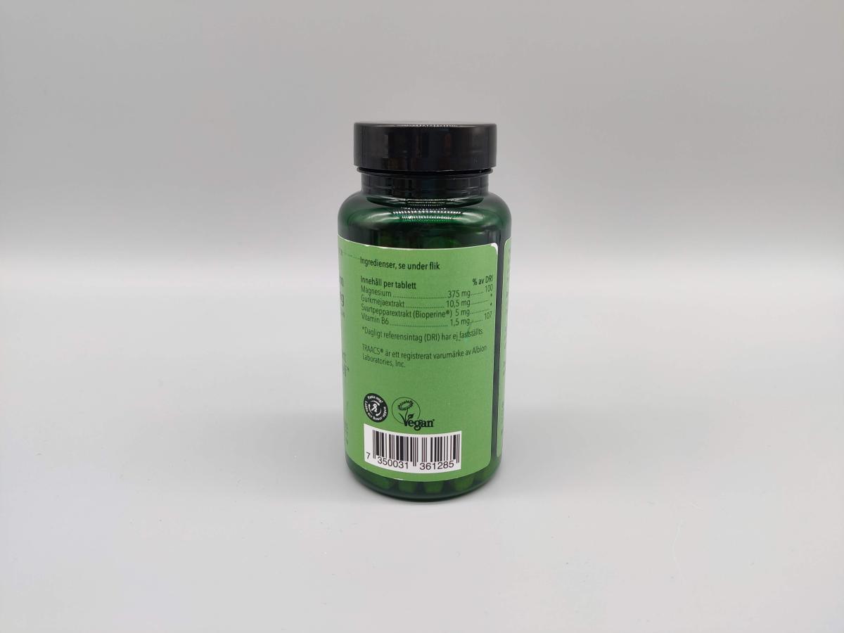 Baksida av Great Earth Magnesium 375 mg med ingredienslista och märkningar, eget foto