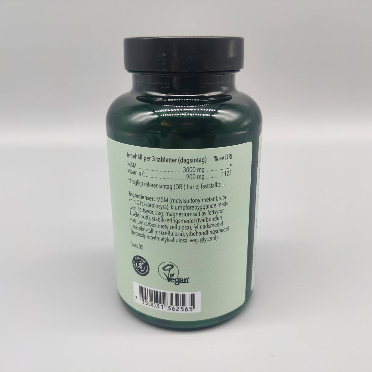 Baksida etikett Great Earth MSM + Vitamin C med 3000 mg MSM och 900 mg C per dagsdos, foto från vårt test