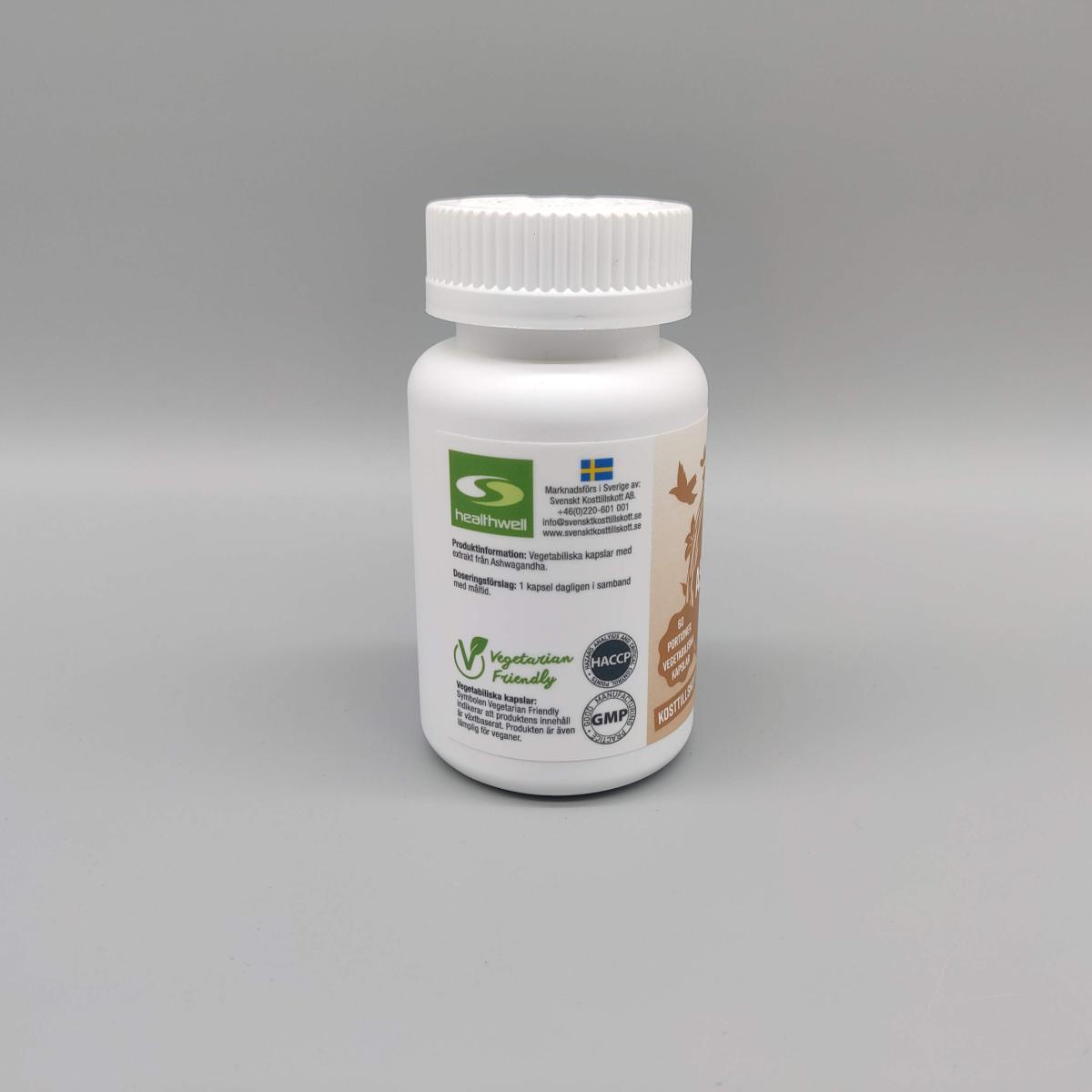 Kapsel från Healthwell Ashwagandha mätt till cirka 21 mm med skjutmått, tagen av oss under testet