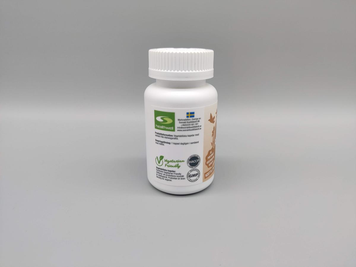 Märkningar och information på Healthwell Ashwagandha Extrakt inklusive vegetarian friendly, taget av oss under testet
