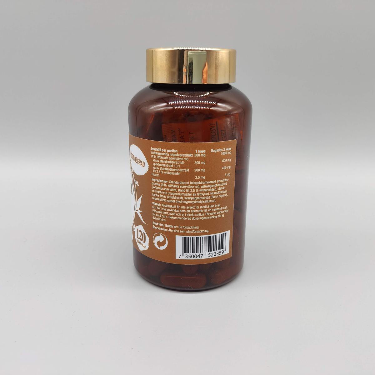 Baksida med märkningar och produkttext på Healthwell Ashwagandha Premium