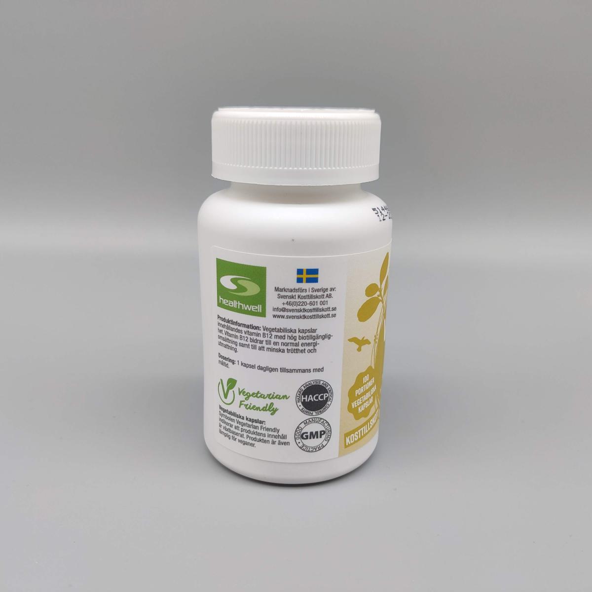 Healthwell B12 med veganvänlig märkning och kvalitetscertifieringar