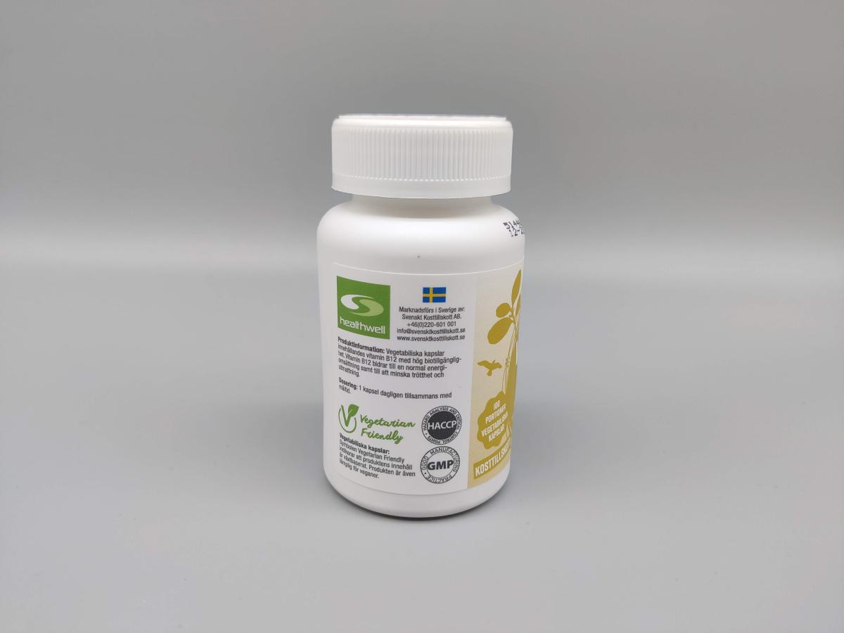 Healthwell B12 med veganvänlig märkning och kvalitetscertifieringar