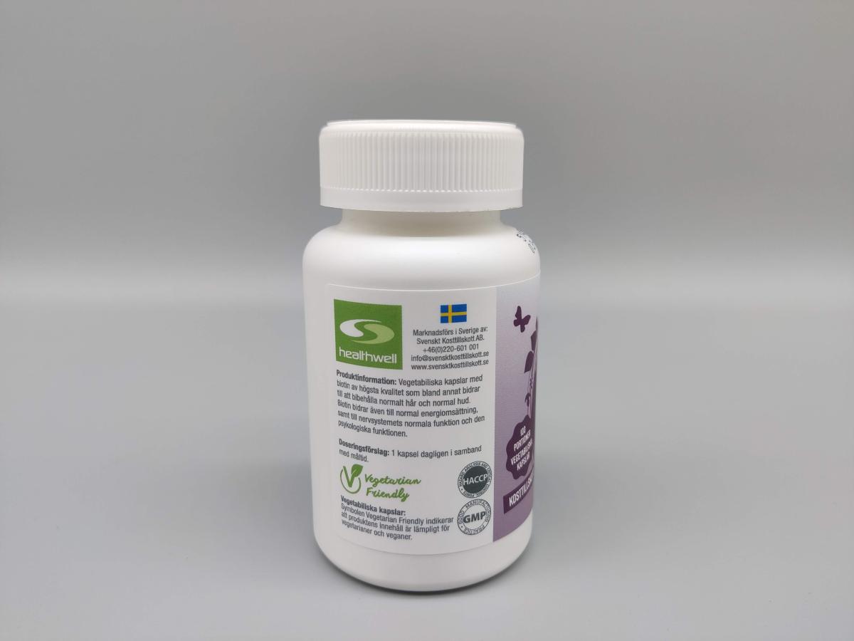 Sida av Healthwell Biotin med svensk kontaktinfo och kvalitetsloggor