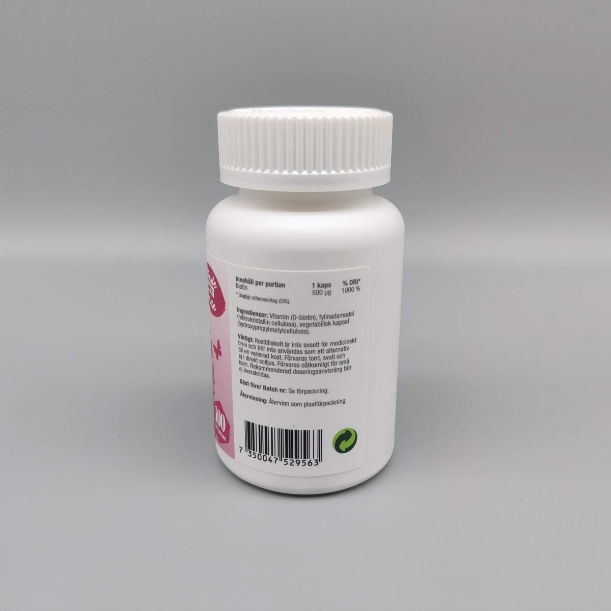 Healthwell Biotin 500 baksida med ingredienslista och näringsdeklaration, foto av oss