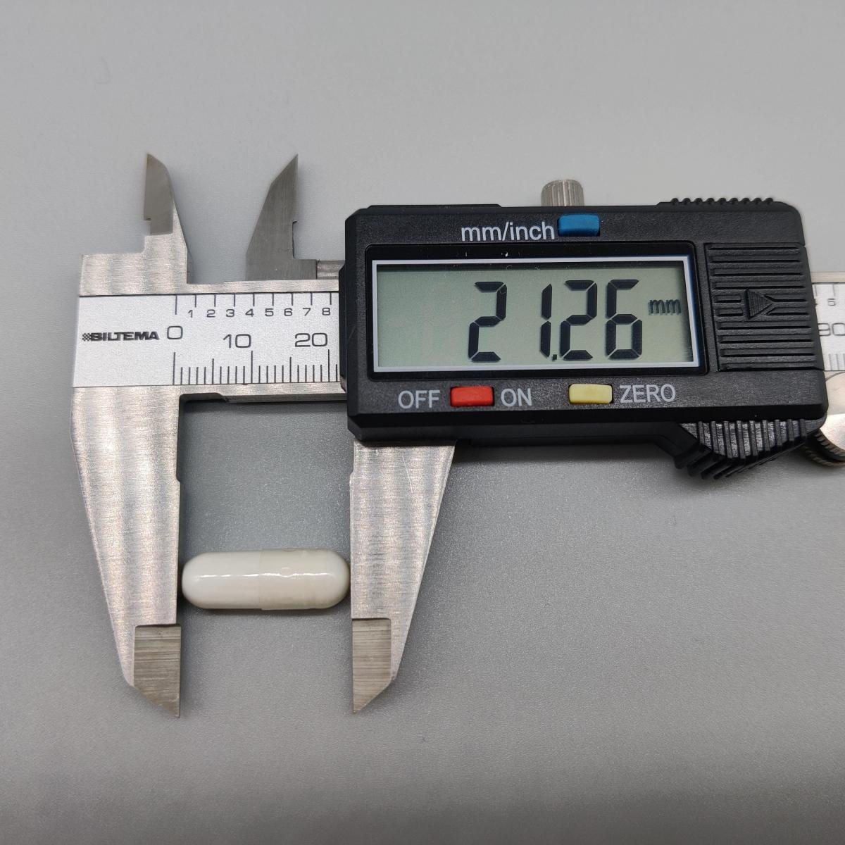 Mätning av Biotin 500-kapsel med digitalt skjutmått 21,26 mm, vårt foto