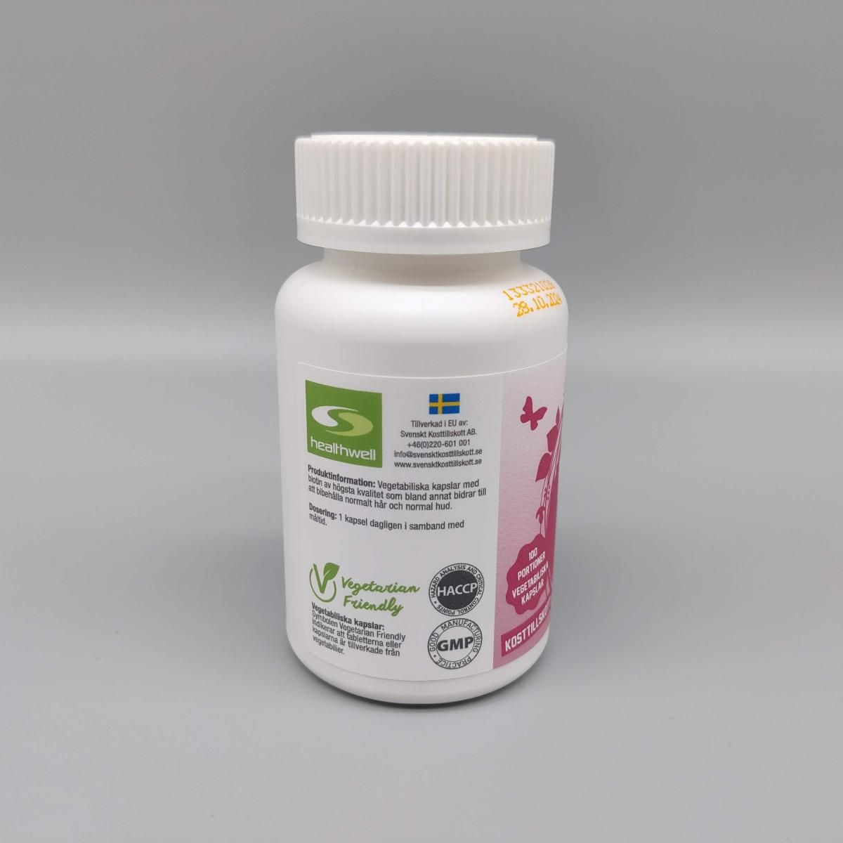 Healthwell Biotin 500 med kvalitetsmärkningar och svensk återförsäljare angiven, foto taget av oss