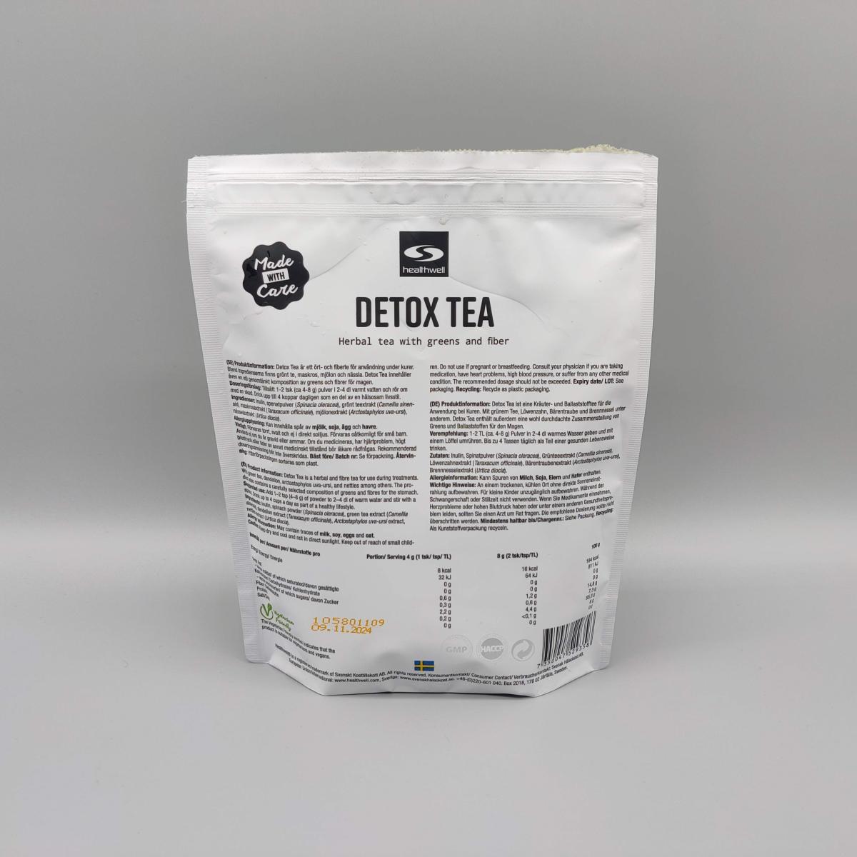 Baksidan av Healthwell Detox Tea med innehåll och instruktioner