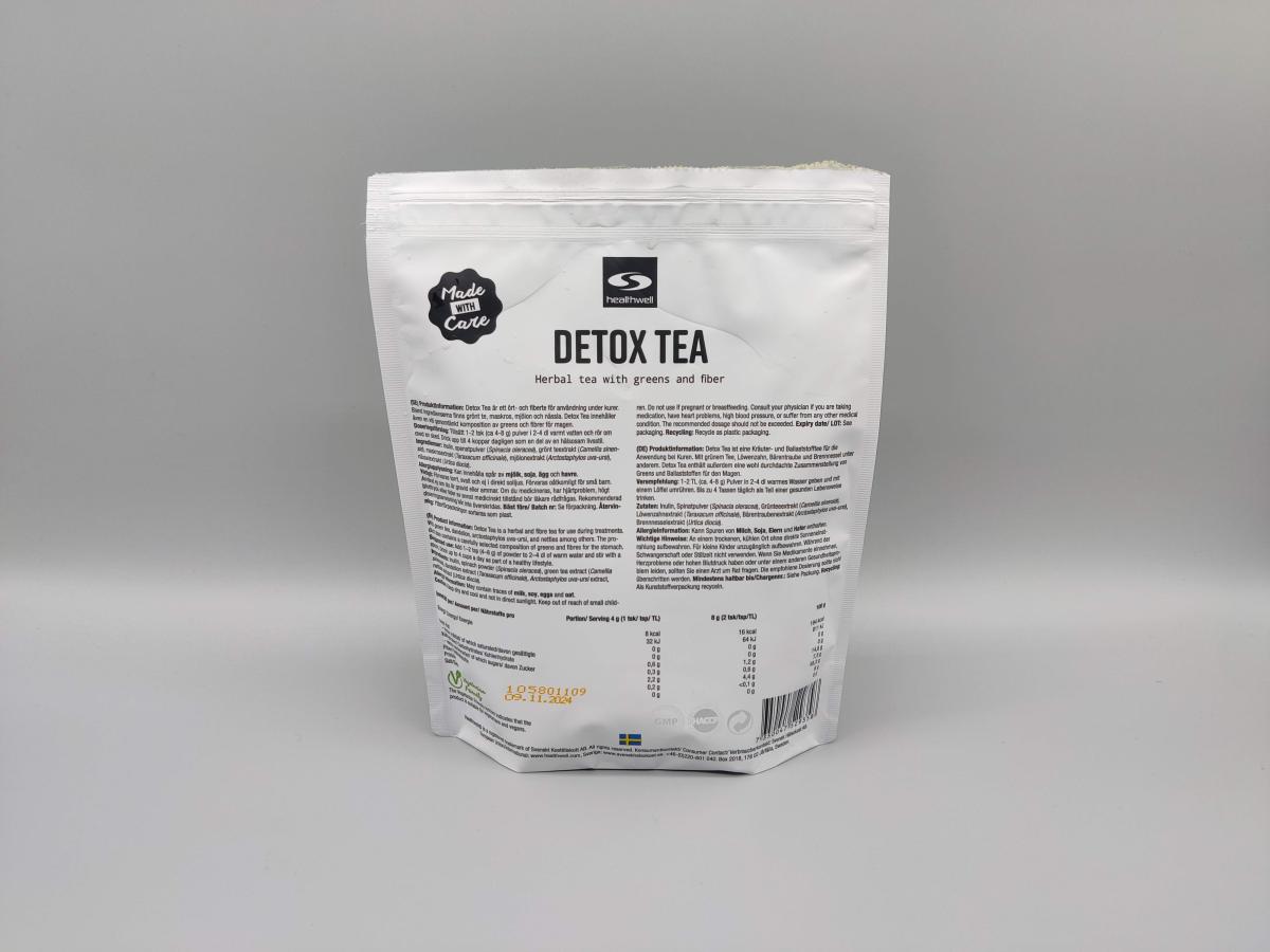 Baksidan av Healthwell Detox Tea med innehåll och instruktioner