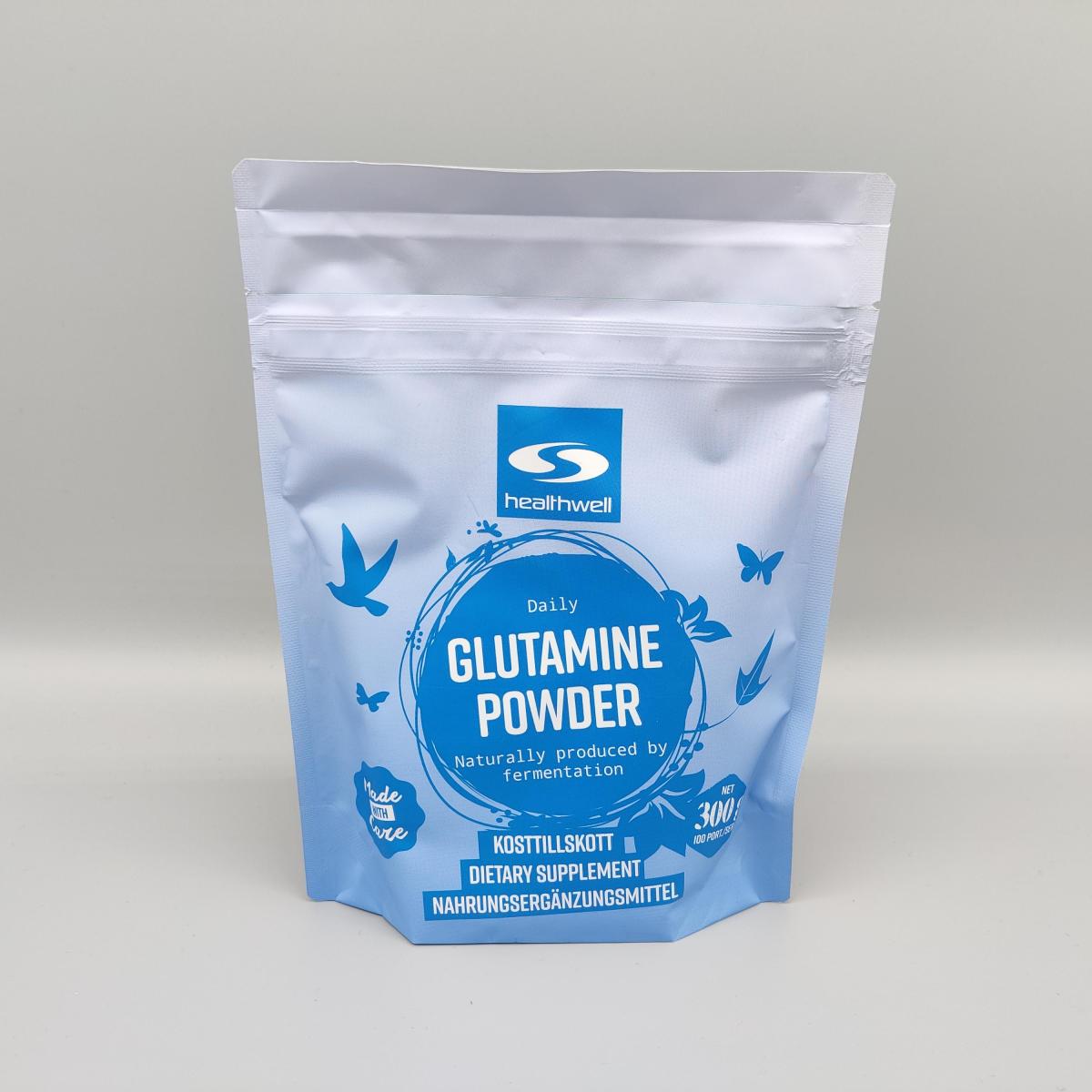 Healthwell Glutamine Powder mot neutral bakgrund, fotat av oss