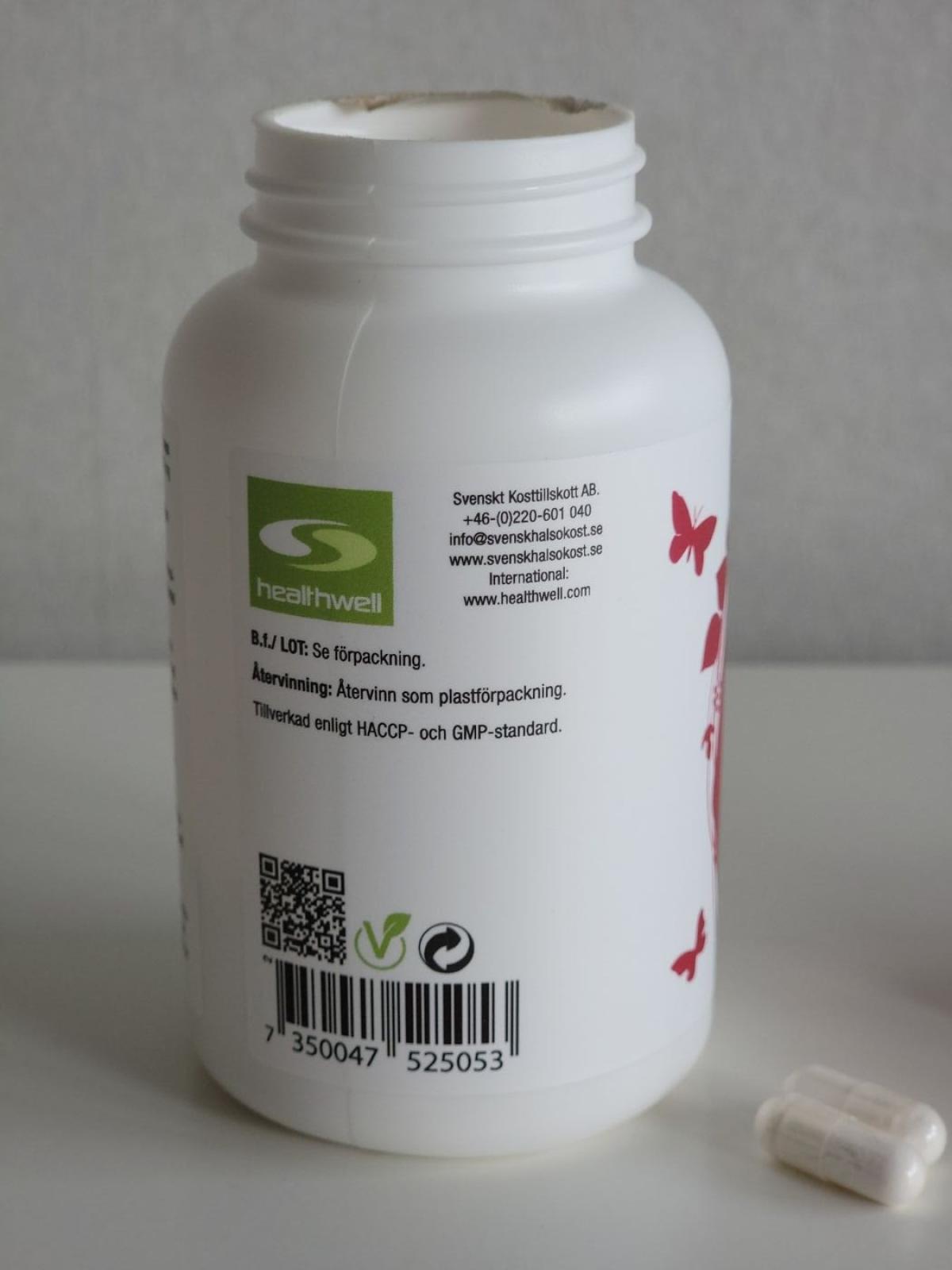 Sida med QR-kod och märkningar på Healthwell Inositol 1000, foto av oss
