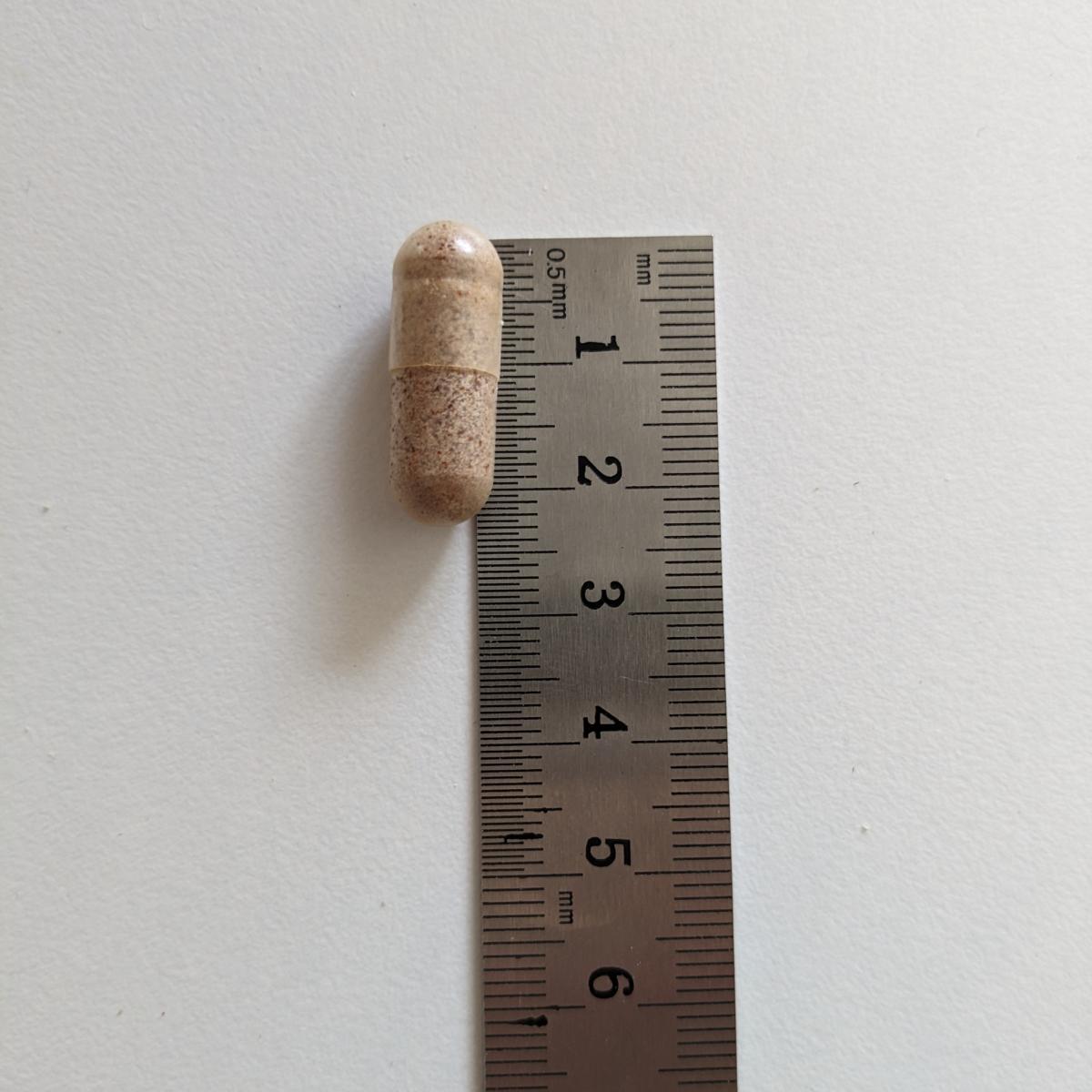 Kapsel från Healthwell Multivitamin Man bredvid linjal, cirka 2 cm lång
