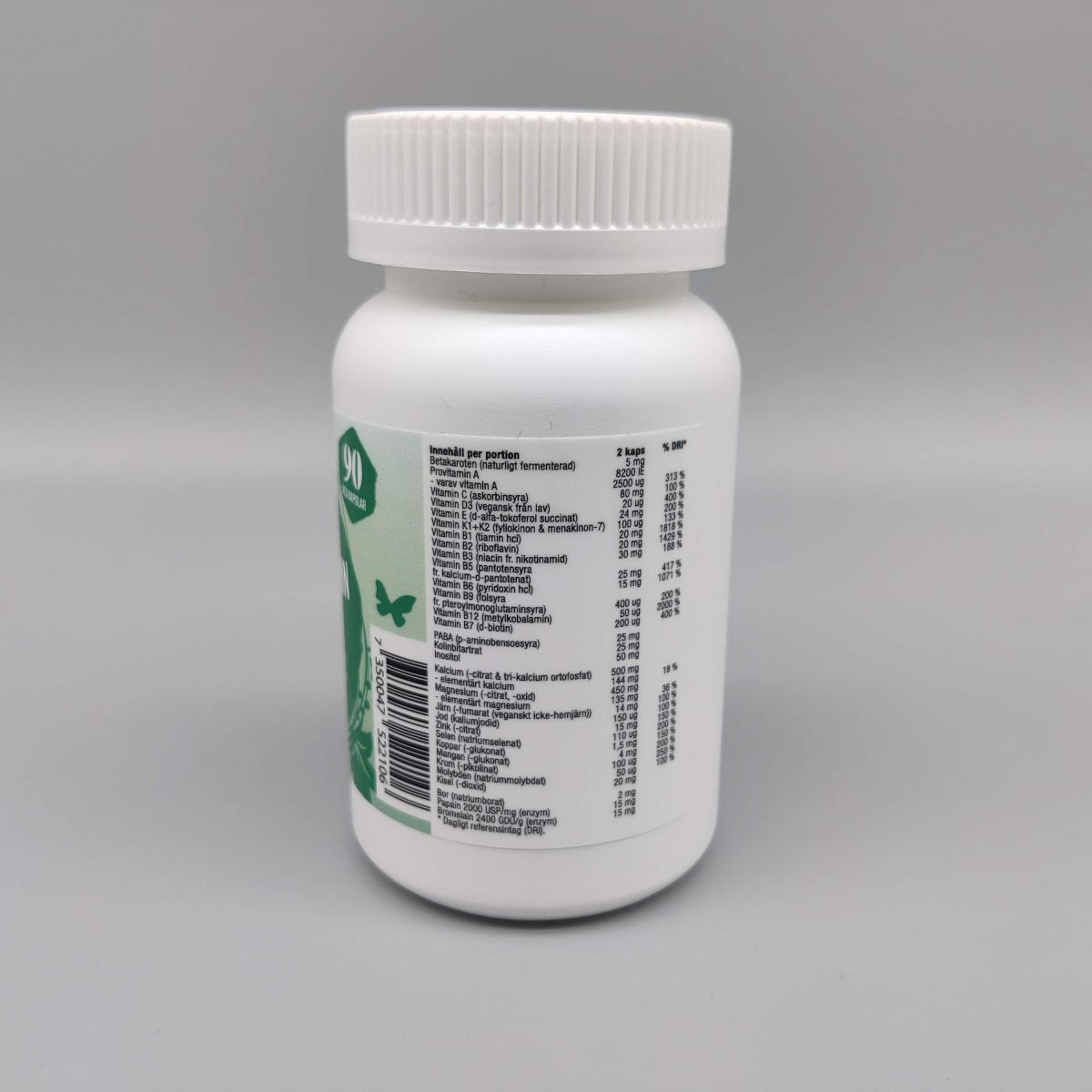 Baksidan på Healthwell Multivitamin Vegan med tydlig innehållsförteckning, egen studiofoto